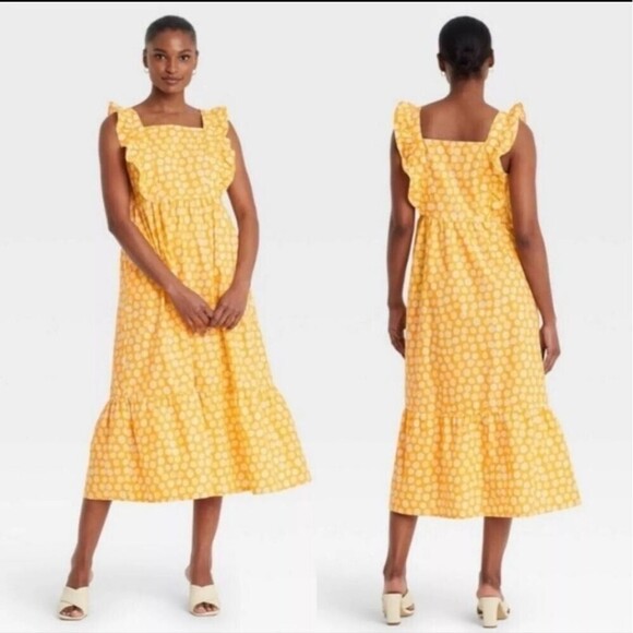 Who What Wear Yellow Polka Dot Sleeveless Ruffle Square Neck Sundress Maxi Dress - Picture 1 of 10